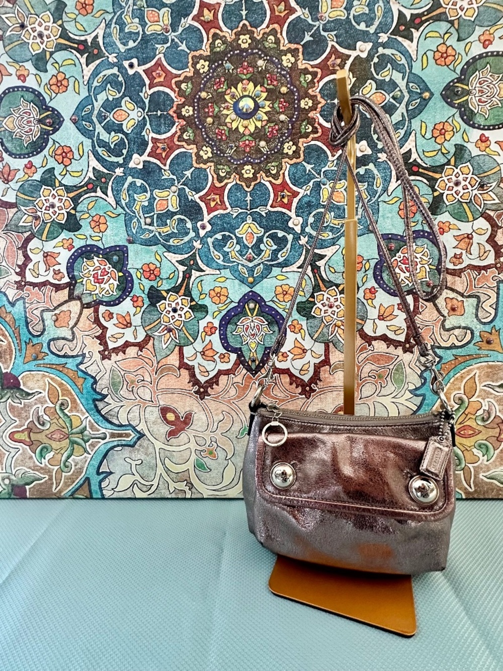 Coach Poppy Pewter Metallic Leather Crossbody Purse